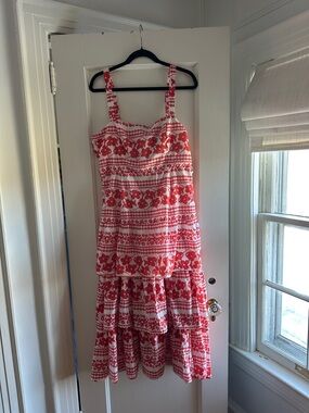 Aqua Red and White Printed Floral Tiered Midi Dress